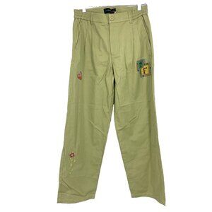 Teddy Fresh Hila Klein Women 30 Canvas Pant Floral Embroidered Green Straight